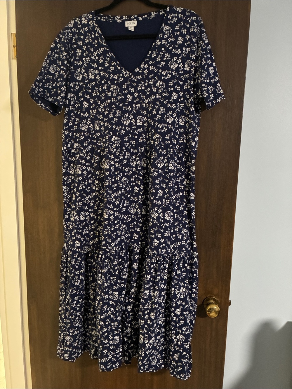 J. Crew Navy and White XL Floral V-Neck Tiered Midi Dress